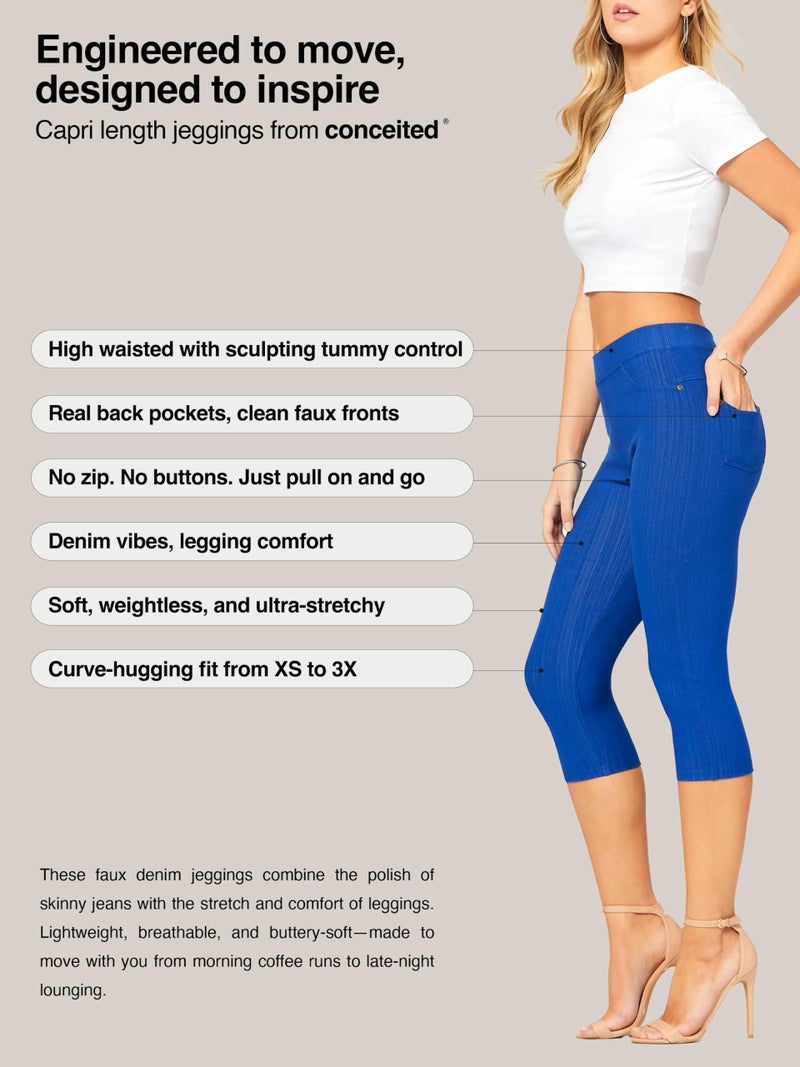 Conceited Capri Leggings - Jeggings for Women with Pockets - High Waist - Tummy Control Shaping - Regular and Plus Size - Royal Blue - Large - X-Large - Image 2